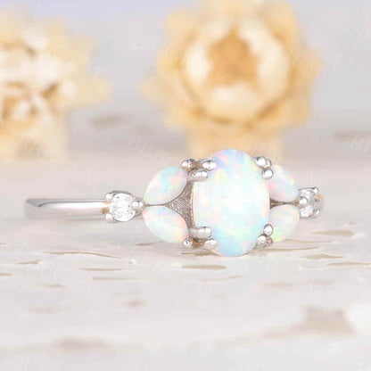 Floral opal engagement ring white gold promise ring for women