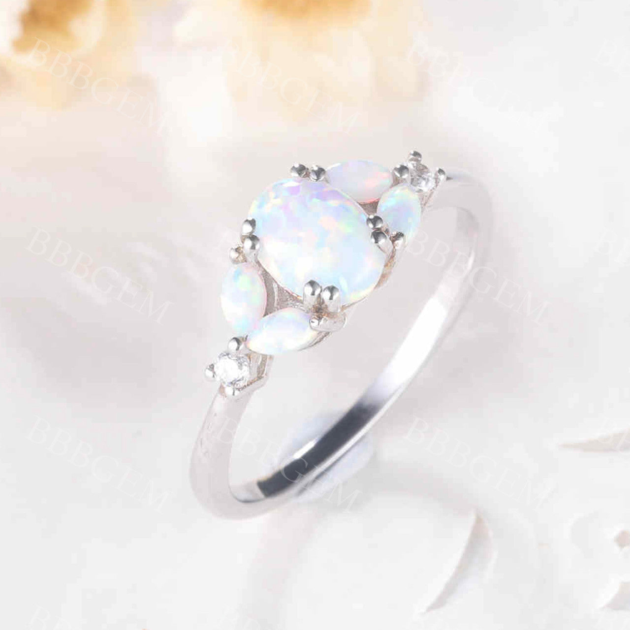 Floral opal engagement ring white gold promise ring for women