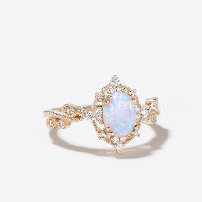 White Opal Ring 14k Yellow Gold Opal Engagement Ring Diamond Wedding Band Filigree Milgrain Bridal Jewelry