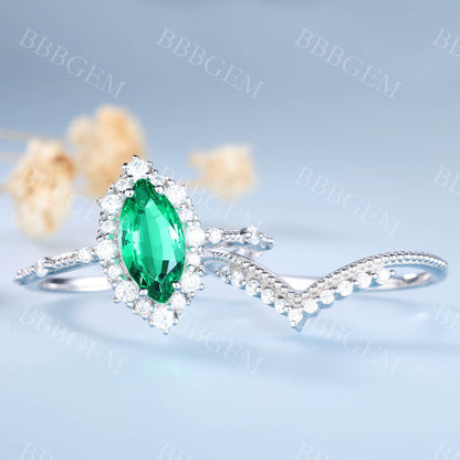 Marquise Emerald Engagement Ring Unique Wedding Ring Set V Curved Stacking Diamond Band