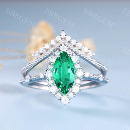 Marquise Emerald Engagement Ring Unique Wedding Ring Set V Curved Stacking Band