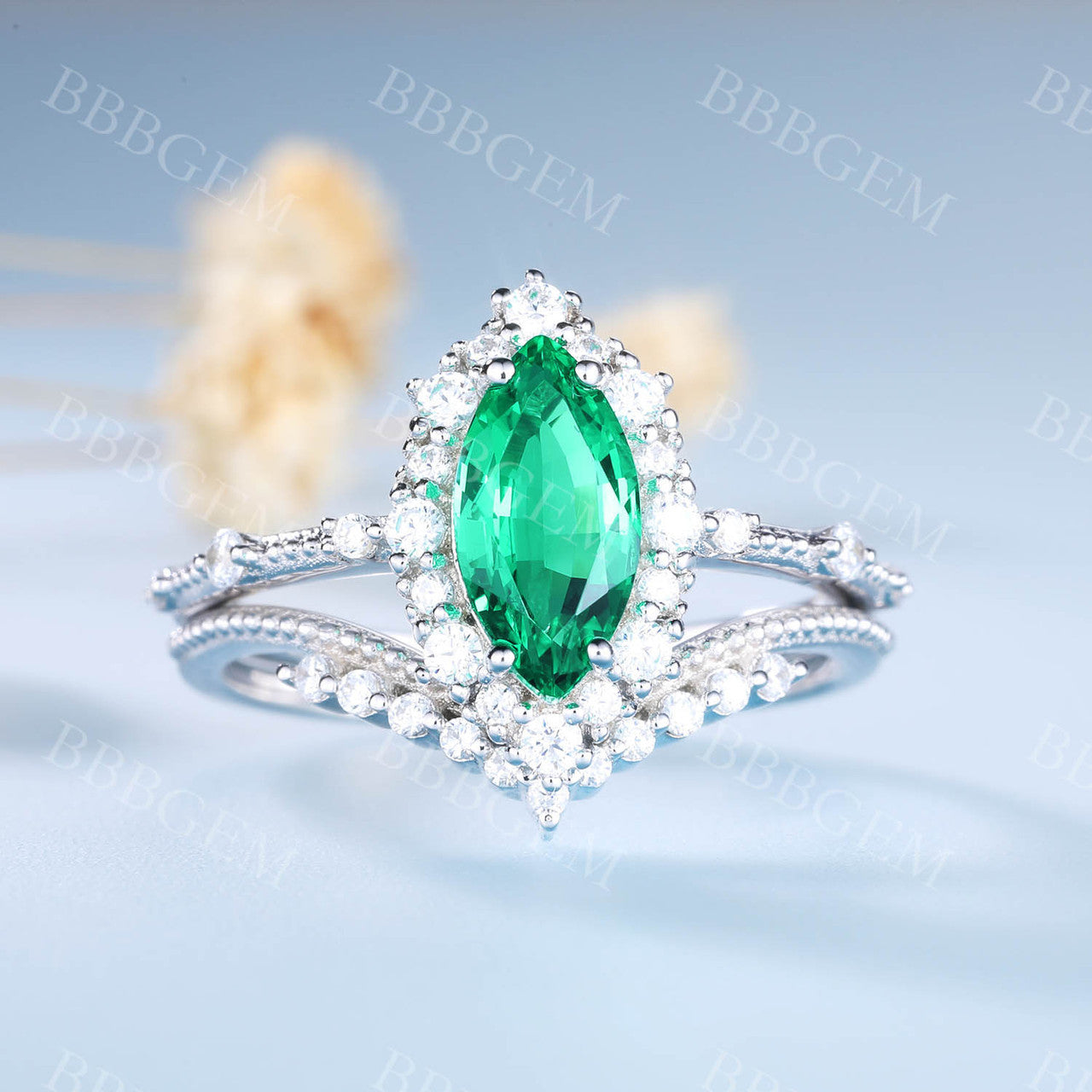 Marquise Emerald Engagement Ring Unique Wedding Ring Set V Curved Stacking Band