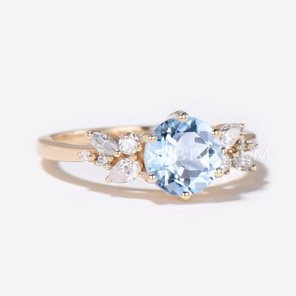 Cluster Round Aquamarine Ring Snowdrift Diamond Engagement Ring