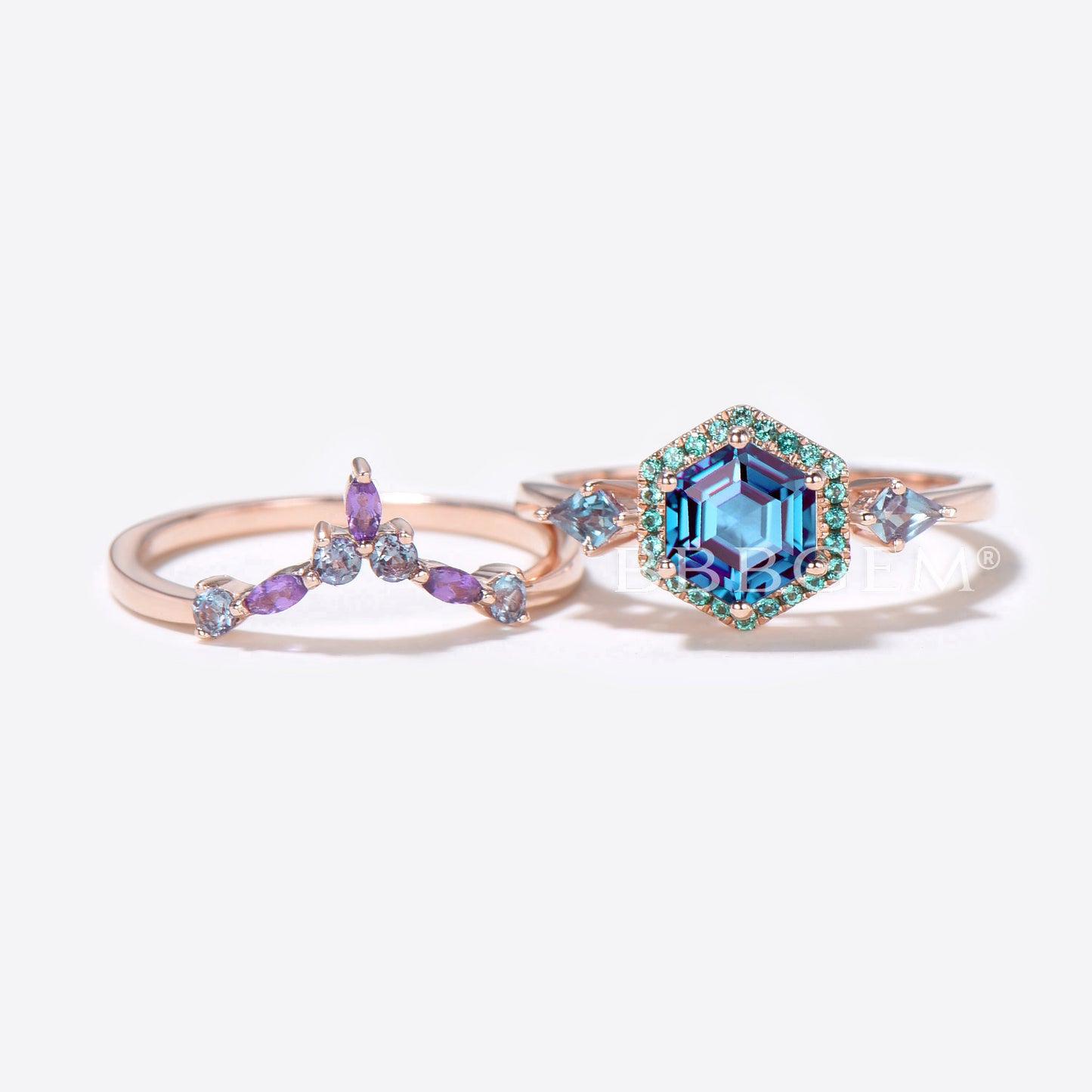 Hexagon Cut Alexandrite Engagement Ring Halo Emerald Ring Set