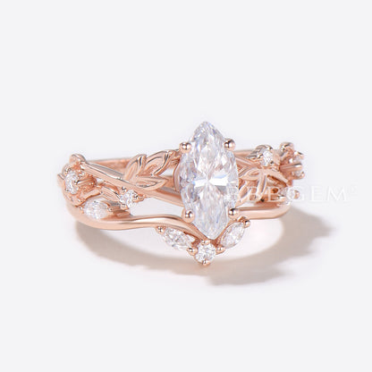 Marquise Cut Moissanite Engagement Ring Leaf Branch Ring Set