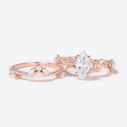 Marquise Cut Moissanite Engagement Ring Leaf Branch Ring Set