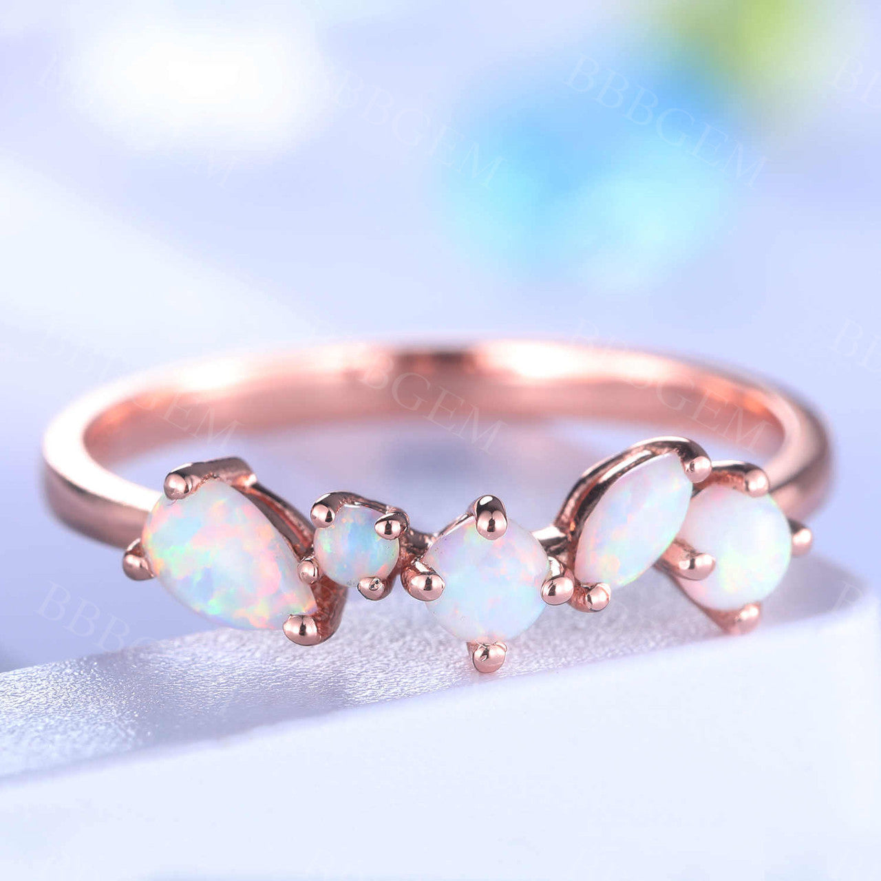 Opal Ring Rose Gold Opal Wedding Band Unique Eternity Matching Band