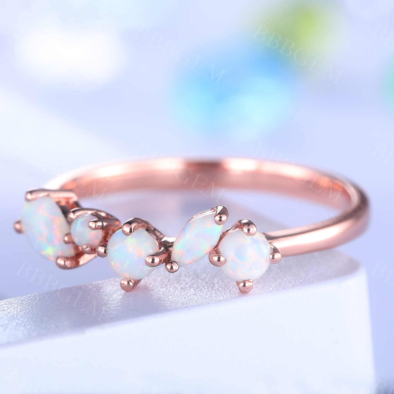 Opal Ring Rose Gold Opal Wedding Band Unique Eternity Matching Band