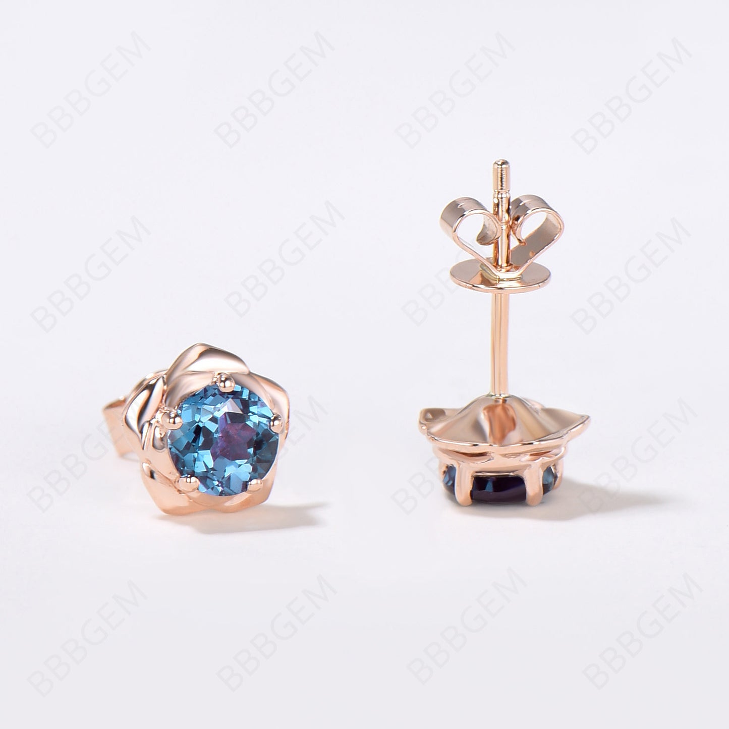 Rose Gold Flower Stud Earrings Round Cut Alexandrite Earrings