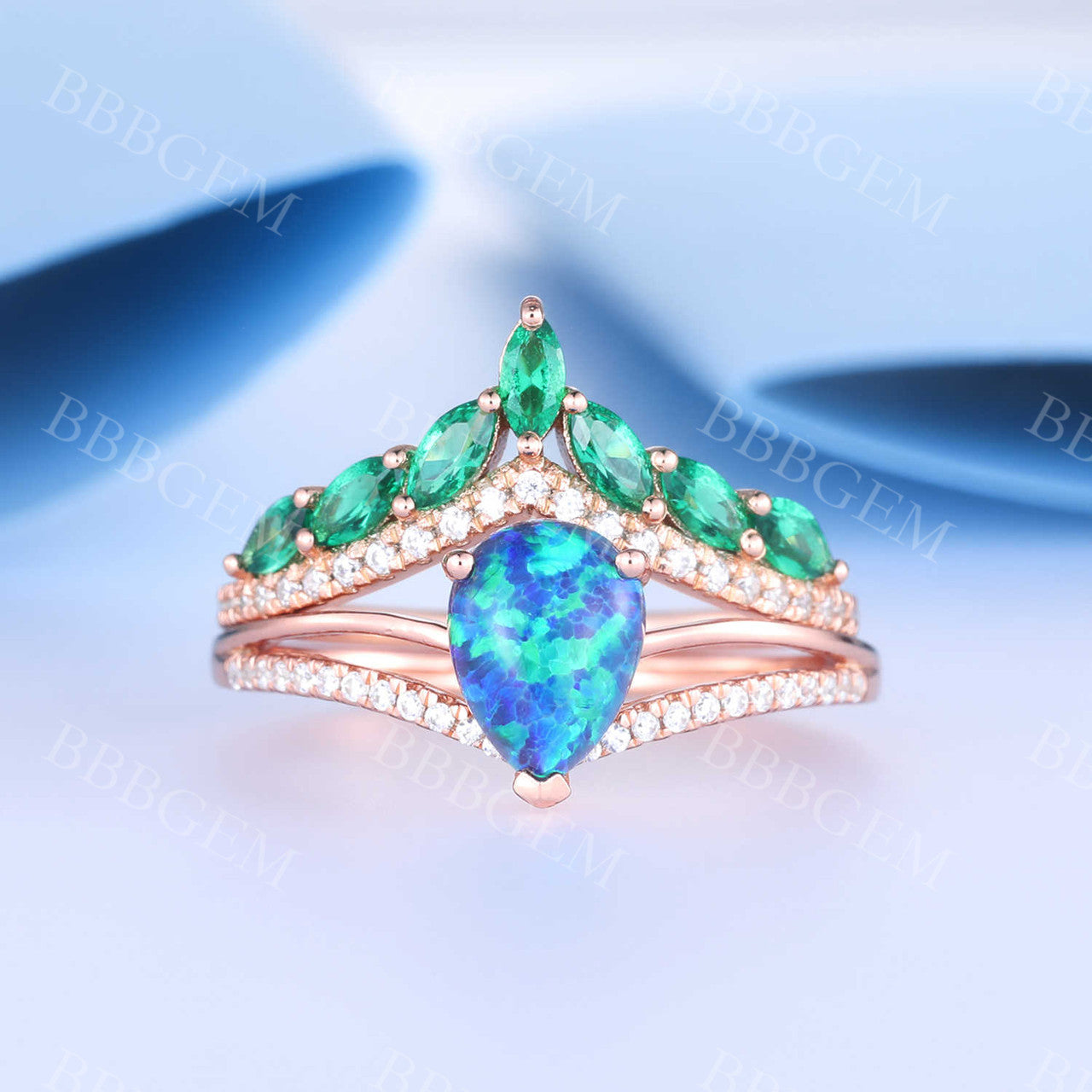 Art Deco Diamond Black Opal Engagement Ring Marquise Emerald Curve Eternity Band Set