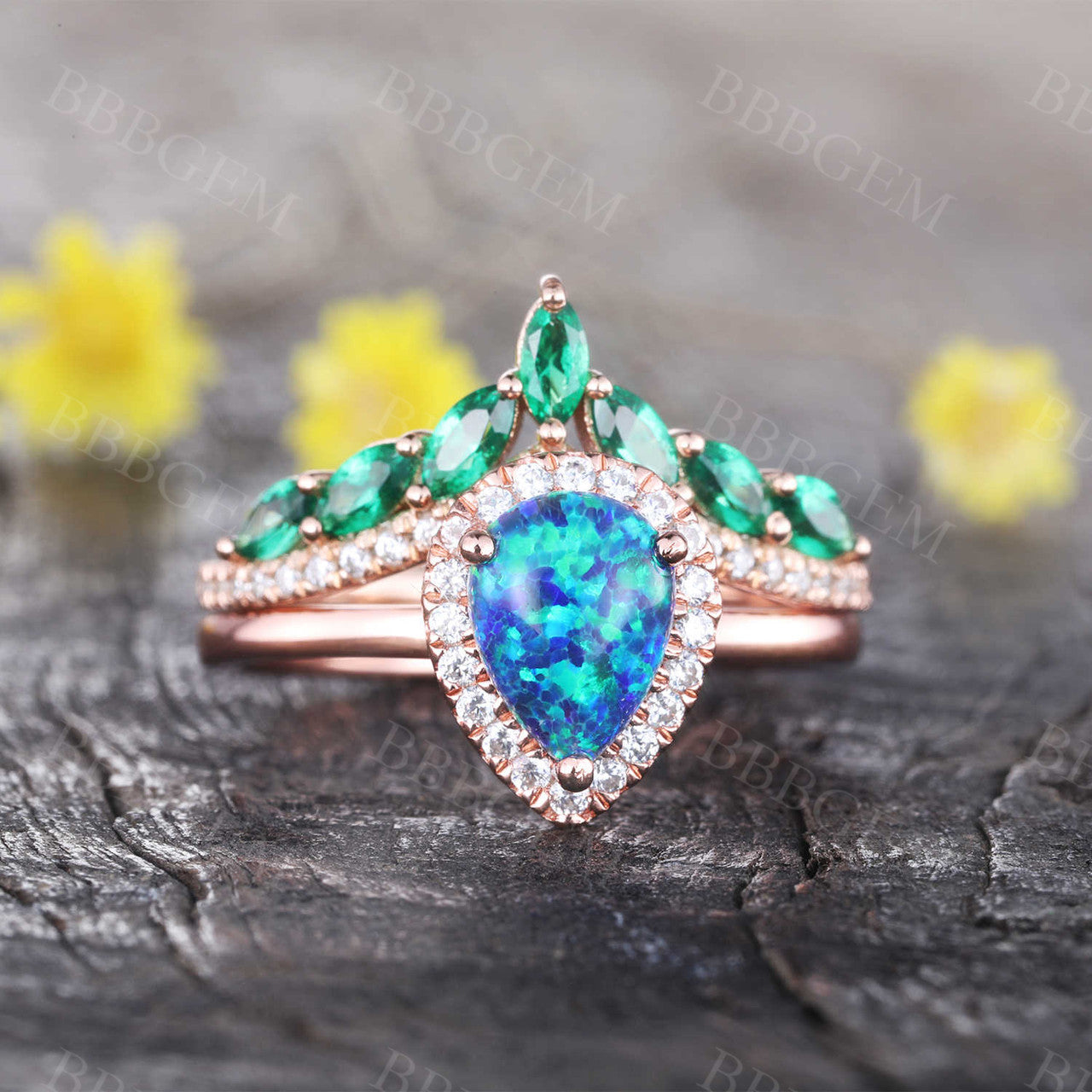 Vintage Opal Bridal Ring Set Rose Gold-BBBGEM Blue Opal Rings