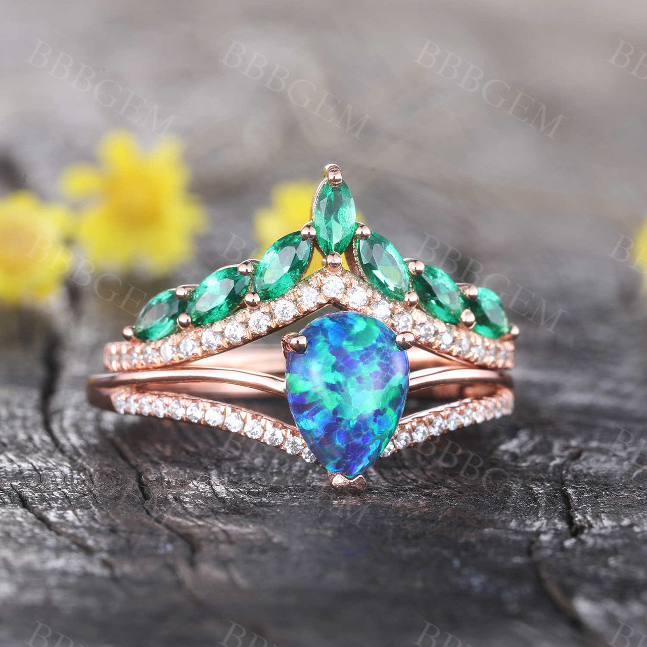 Art Deco Diamond Black Opal Engagement Ring Marquise Emerald Curve Eternity Band Set