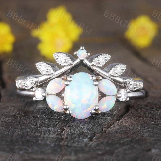 Oval shaped opal ring set white gold diamond matching band bridal set for women