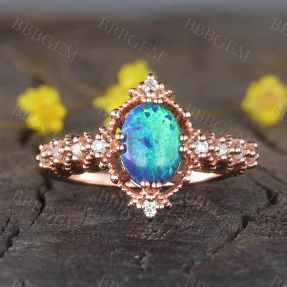 14K/18K  Vintage Black Opal Engagement Ring Diamond Band Promise Jewelry