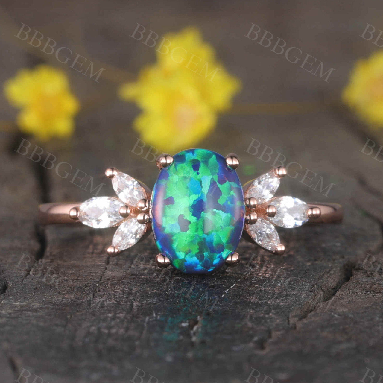 14K/18K Vintage Black Opal Engagement Ring Moissanite Art Deco Band Promise Jewelry