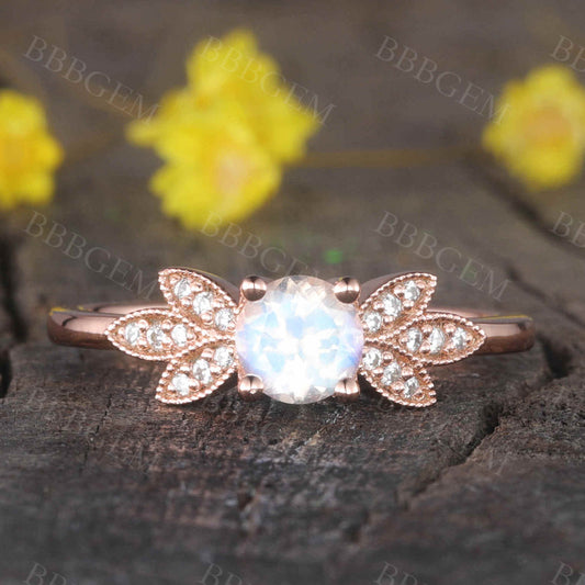 Rainbow Mooonstone Diamond Engagement Ring Rose Gold Unique Bridal Ring