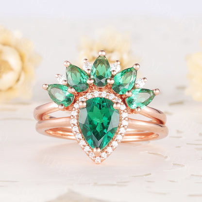 Halo Emerald Engagement Ring Set Marquise Cut Cluster Ring Rose Gold Bridal Set