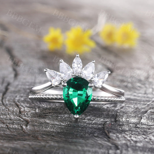 Pear Emerald Ring Marquise Cut Cluster Stacking Band Handmade Jewelry