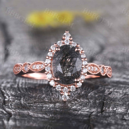 Black Rutilated Quartz Engagement Ring Rose Gold