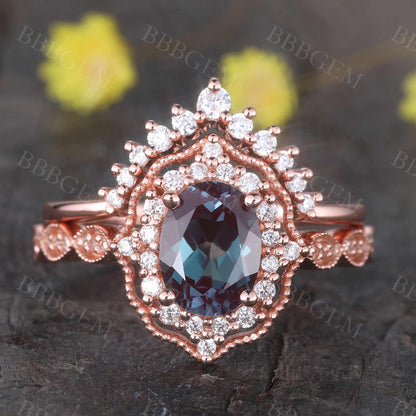 Alexandrite Engagement Ring Set Rose Gold