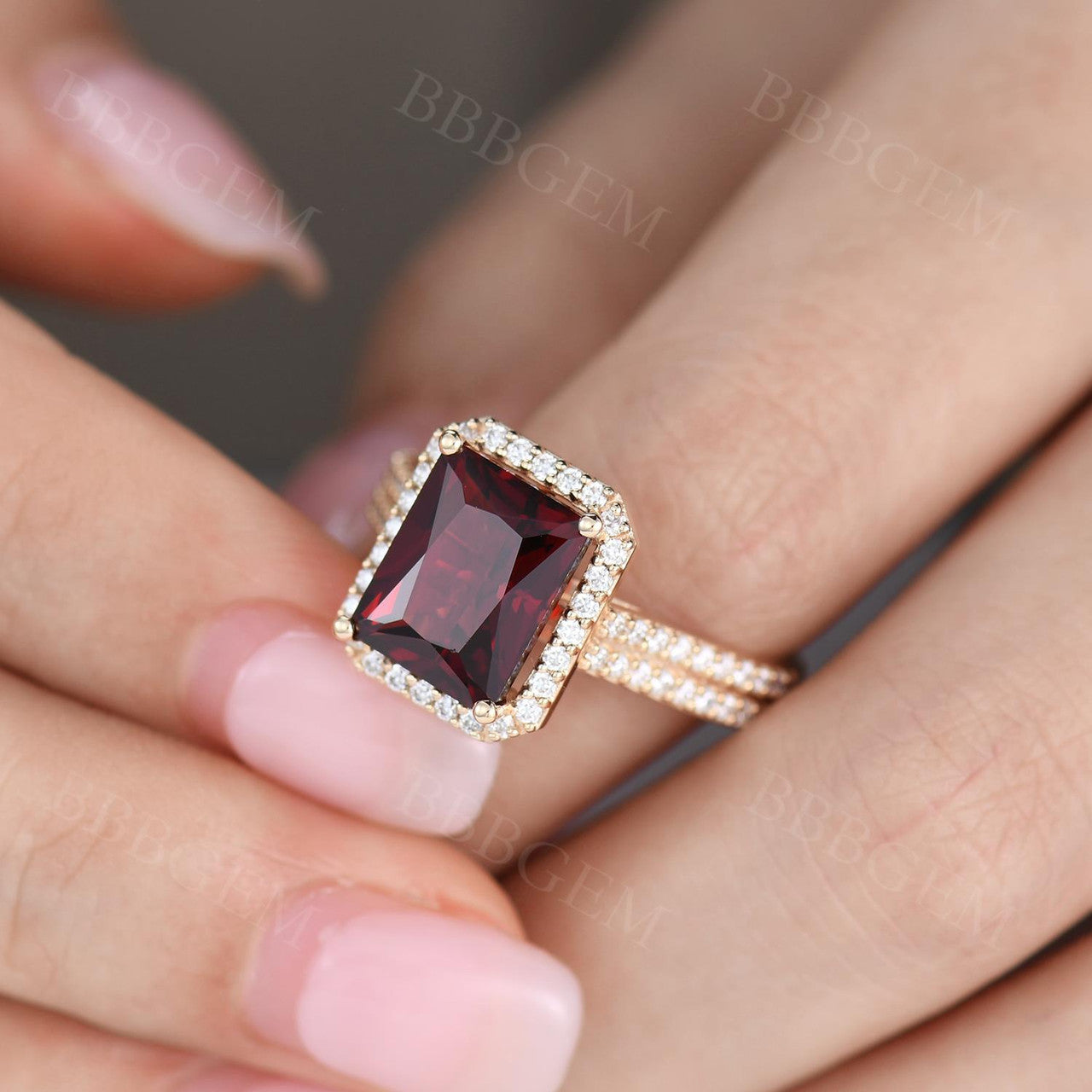 Yellow Gold Garnet Bridal Ring Set-Two Pieces 4 Carat Garnet Wedding Rings