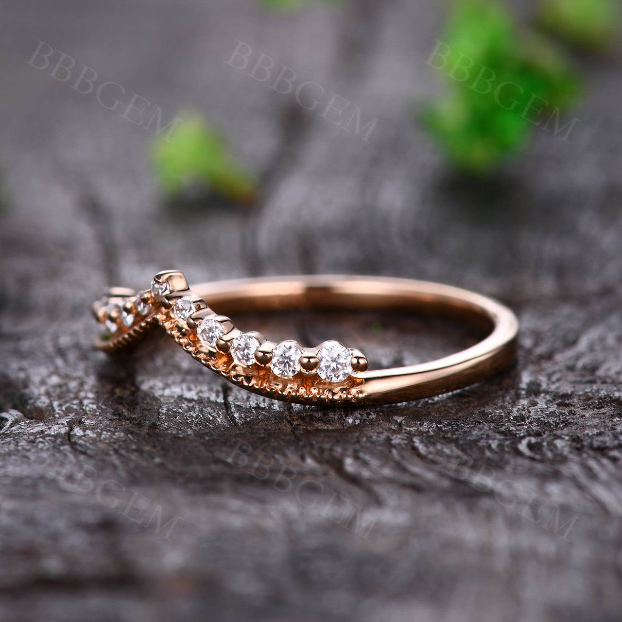 Rose Gold Moissanite Ring-BBBGEM Curved Moissanite Wedding Band