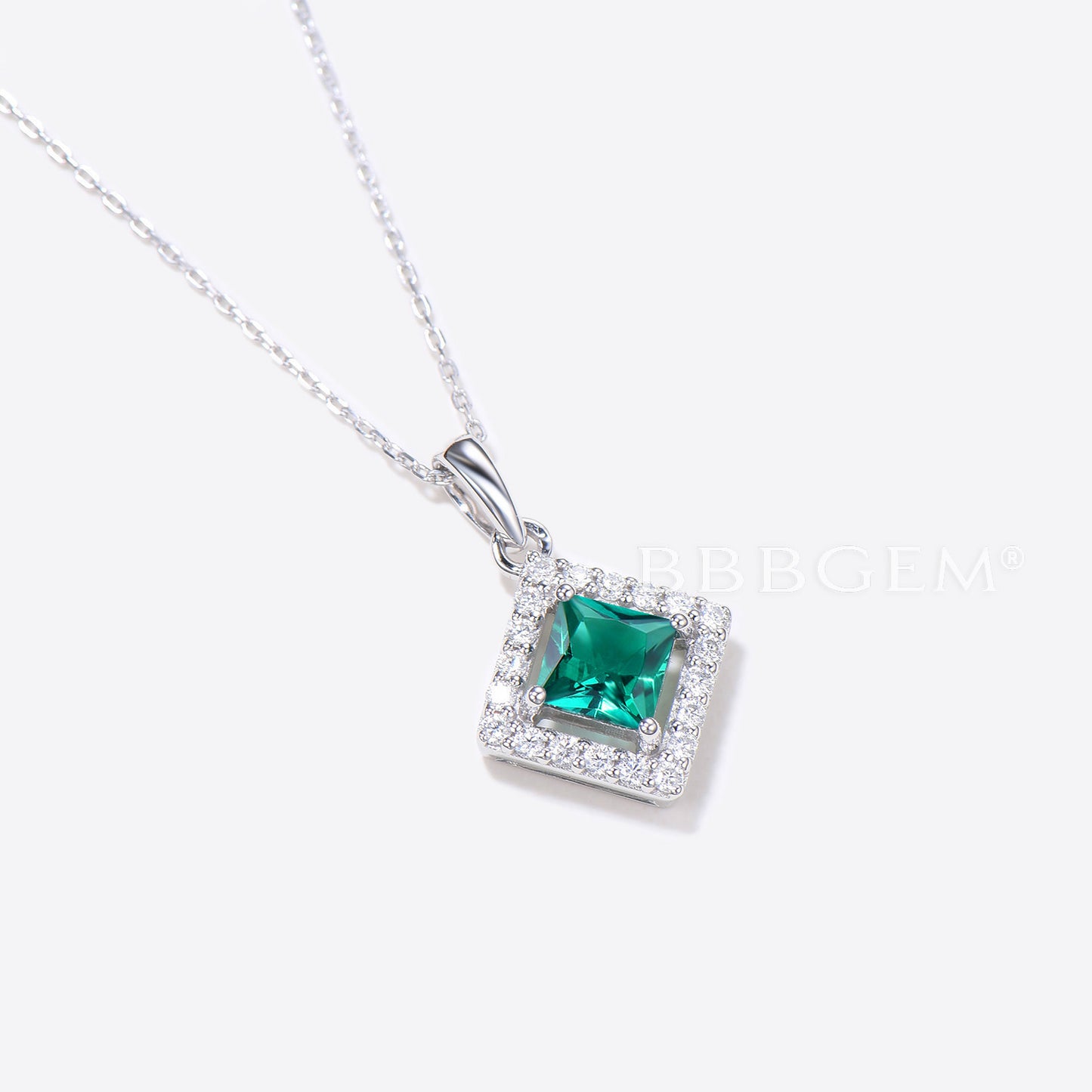 Princess Green Emerald Pendant Diamond Halo Wedding Necklace