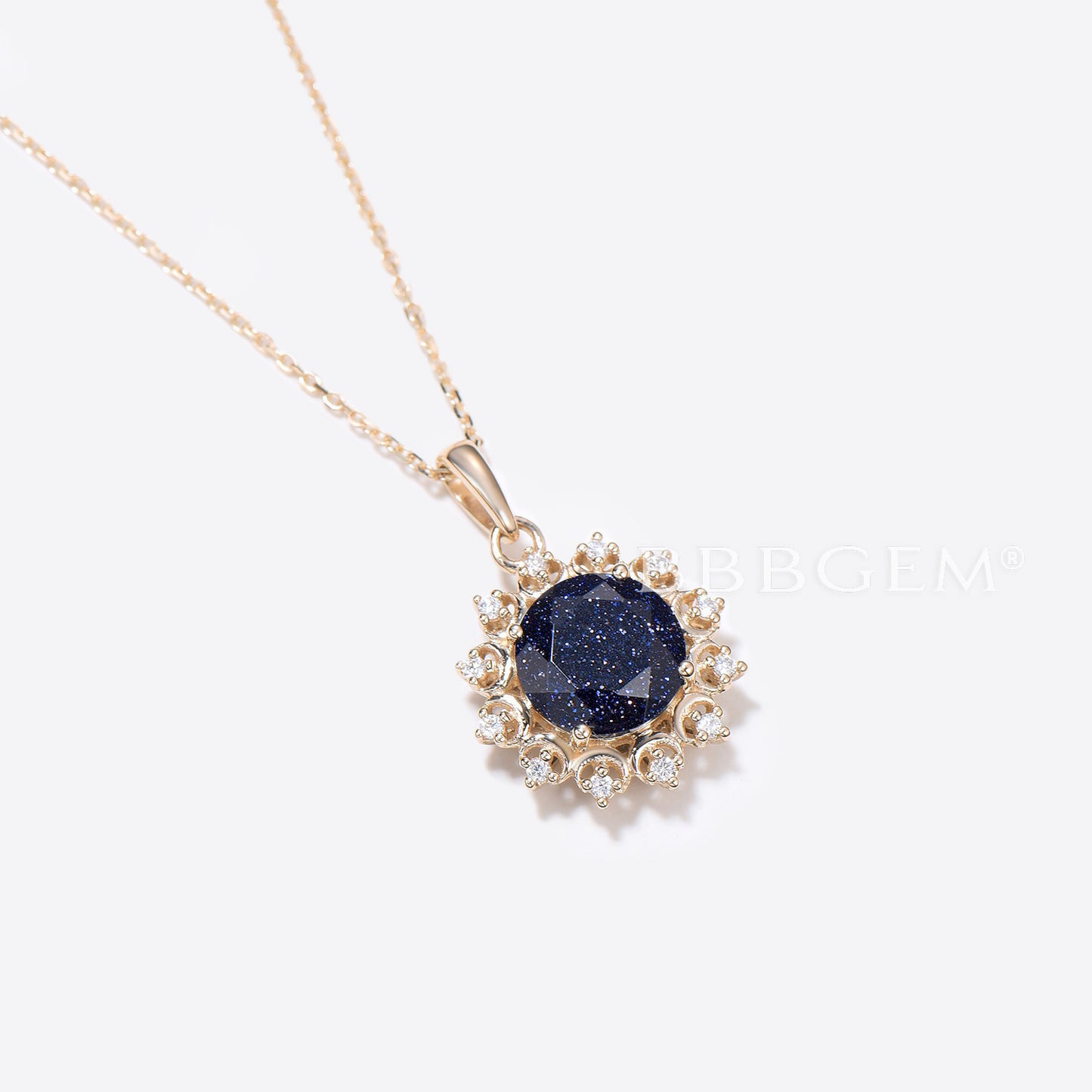 Round Galaxy Blue Sandstone Necklace Moon Diamond Halo Pendant