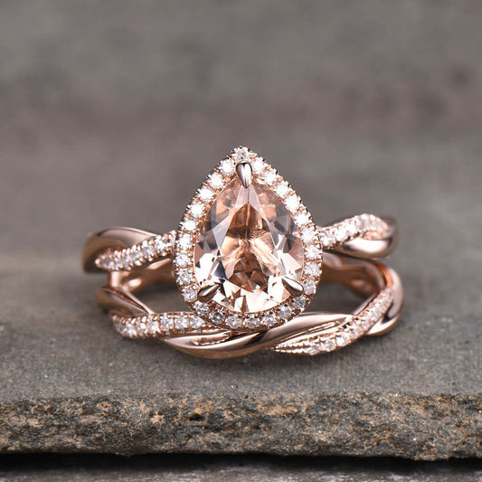 Infinity Morganite Bridal Set Rose Gold-BBBGEM Moissanite Pear Ring