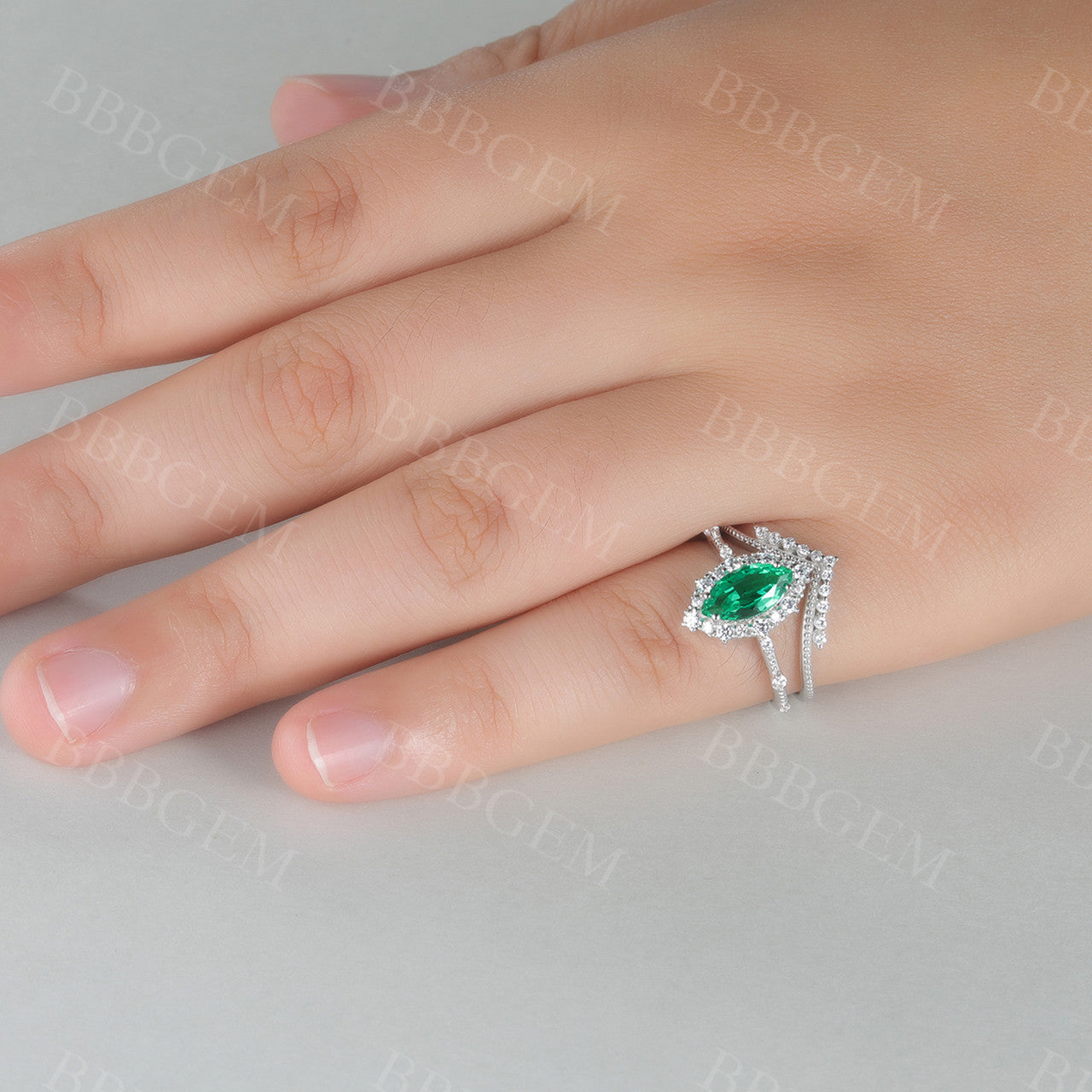 Marquise Emerald Engagement Ring Unique Wedding Ring Set V Curved Stacking Diamond Band