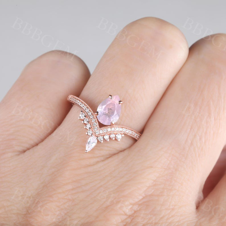 moissanite and rose quartz ring-bbbgem pink quartz ring gold