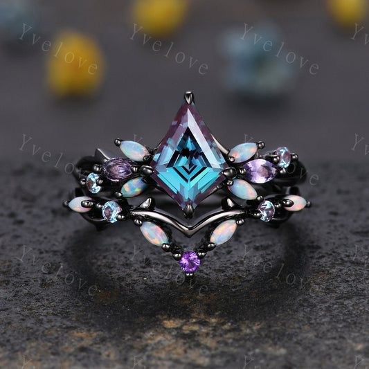 Vintage Kite Alexandrite Engagement Ring Set,Black Gold,Vines Amethyst Opal Ring,Women Bridal Set,Unique Twig Anniversary Promise Ring Gift