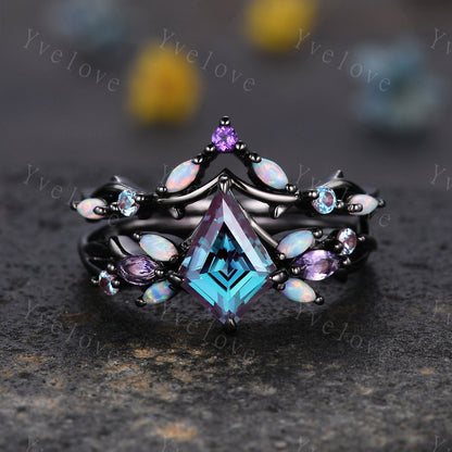 Vintage Kite Alexandrite Engagement Ring Set,Black Gold,Vines Amethyst Opal Ring,Women Bridal Set,Unique Twig Anniversary Promise Ring Gift