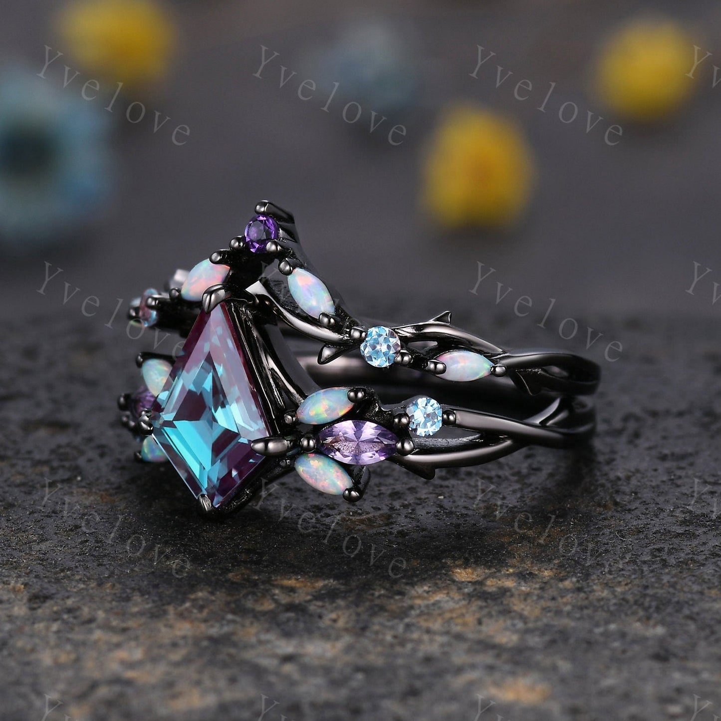 Vintage Kite Alexandrite Engagement Ring Set,Black Gold,Vines Amethyst Opal Ring,Women Bridal Set,Unique Twig Anniversary Promise Ring Gift