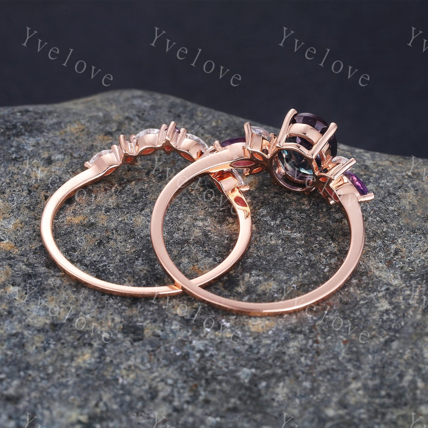 Vintage Oval Salt Pepper Diamond Engagement Ring Set Rose Gold Women Moissanite Amethyst Gem Matching Band Promise Stacking Ring Women Gift