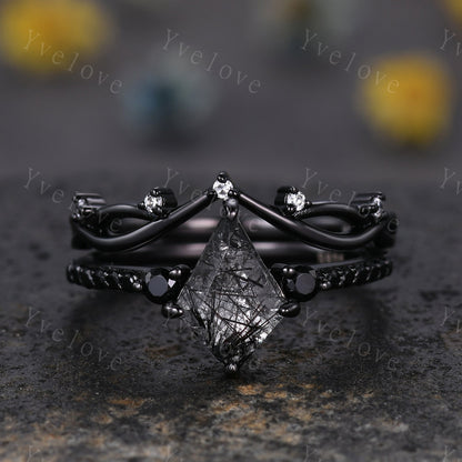 Retro Kite Black Rutilate Quartz Engagement Ring,Vintage Black Silver Ring Set,Unique Black Spinel Diamond Promise Ring Anniversary Gift