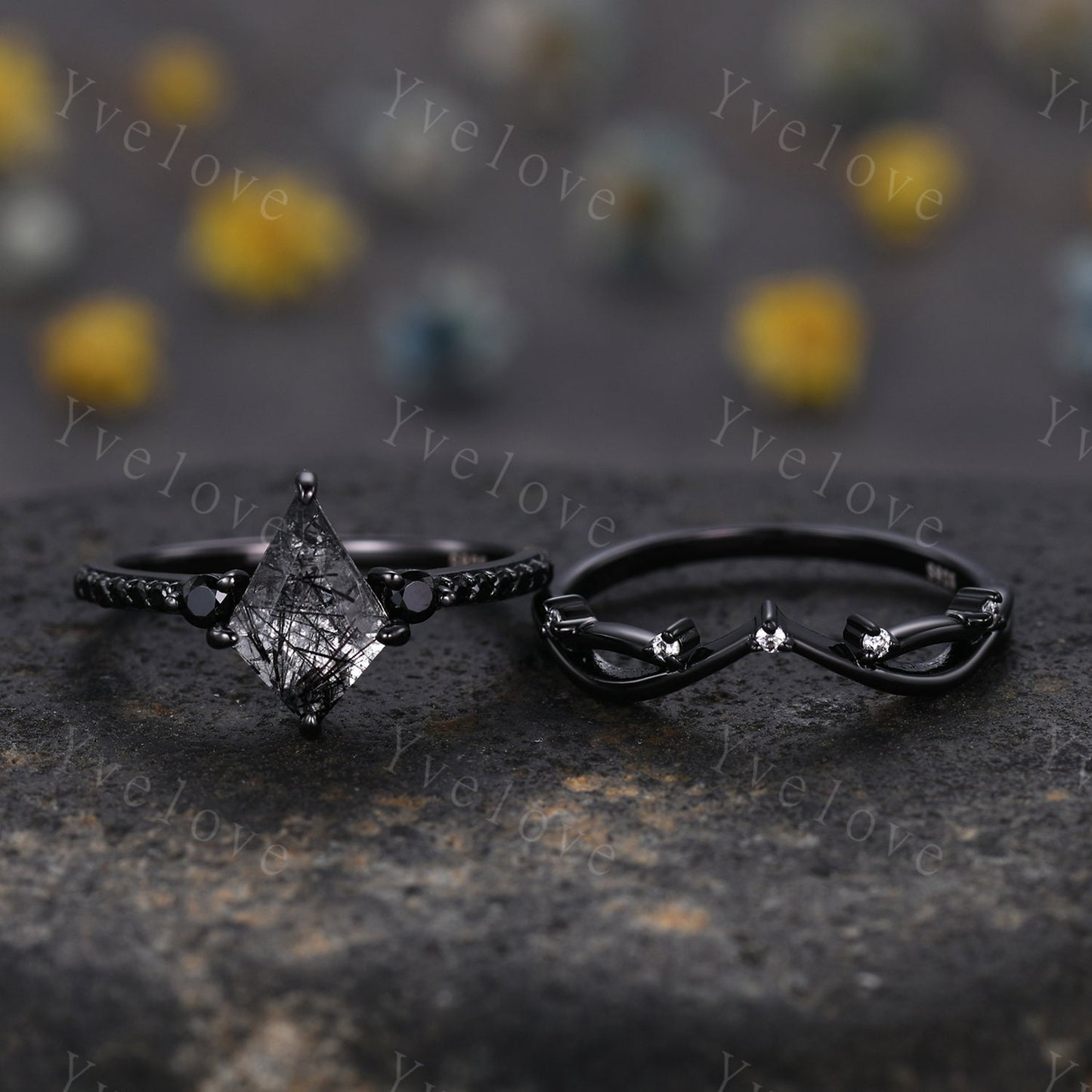 Retro Kite Black Rutilate Quartz Engagement Ring,Vintage Black Silver Ring Set,Unique Black Spinel Diamond Promise Ring Anniversary Gift