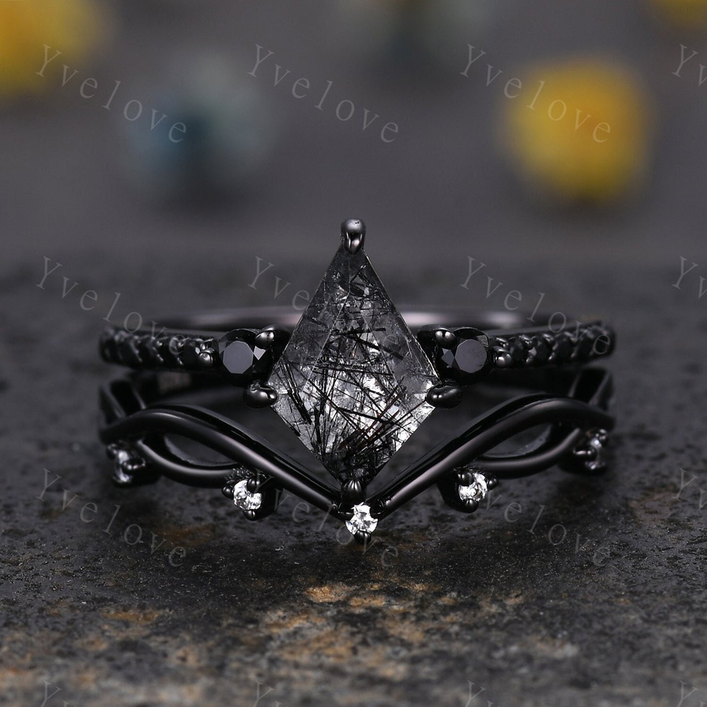 Retro Kite Black Rutilate Quartz Engagement Ring,Vintage Black Silver Ring Set,Unique Black Spinel Diamond Promise Ring Anniversary Gift