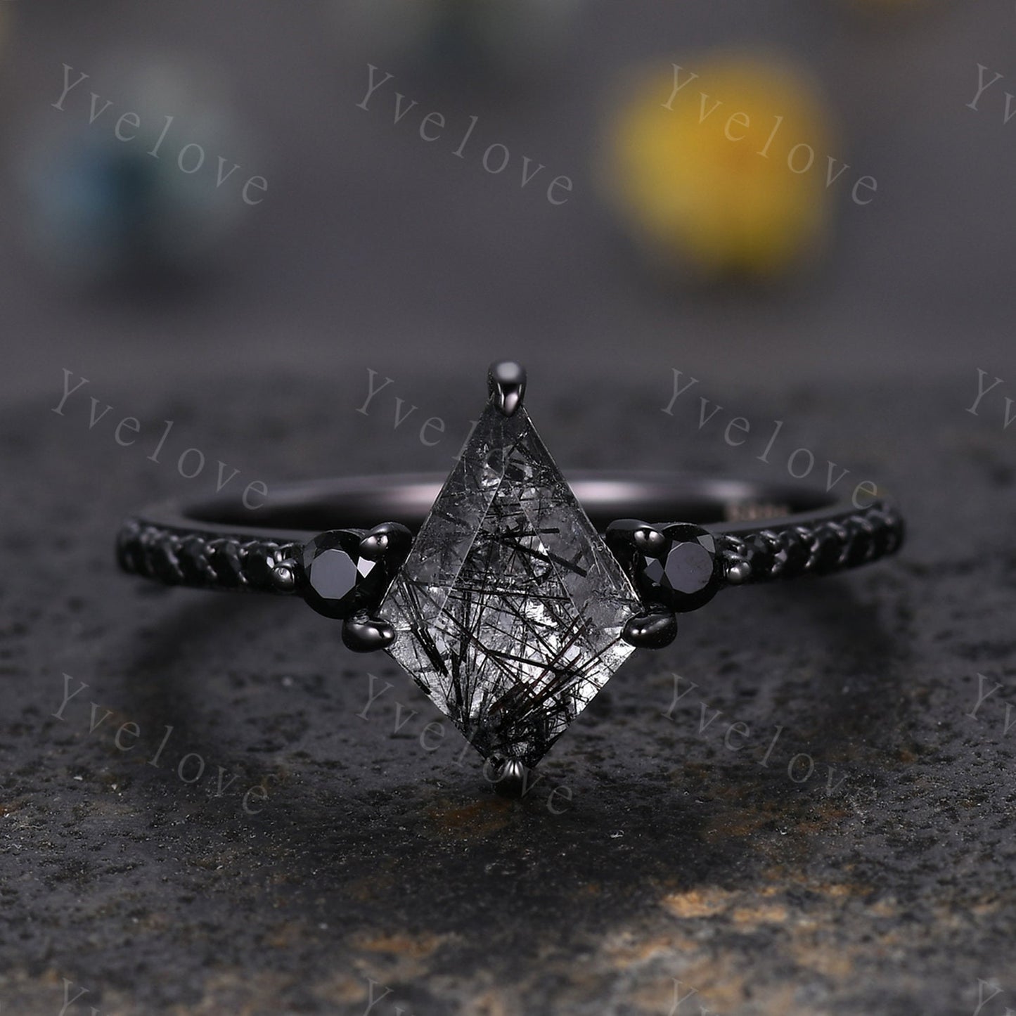 Retro Kite Black Rutilate Quartz Engagement Ring,Vintage Black Silver Ring Set,Unique Black Spinel Diamond Promise Ring Anniversary Gift