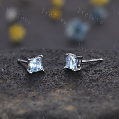 Dainty Square cut blue aquamarine earrings natural aquamarine studs art deco earrings vintage anniversary gift for her March birthstone