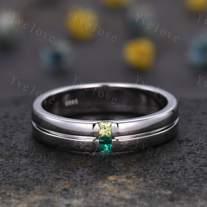 Mens Emerald Peridot Wedding Band Princess Cut Peridot Band 5mm 925 Silver Ring Men Solitaire Stacking Matching Band Retro Vintage Ring Gift