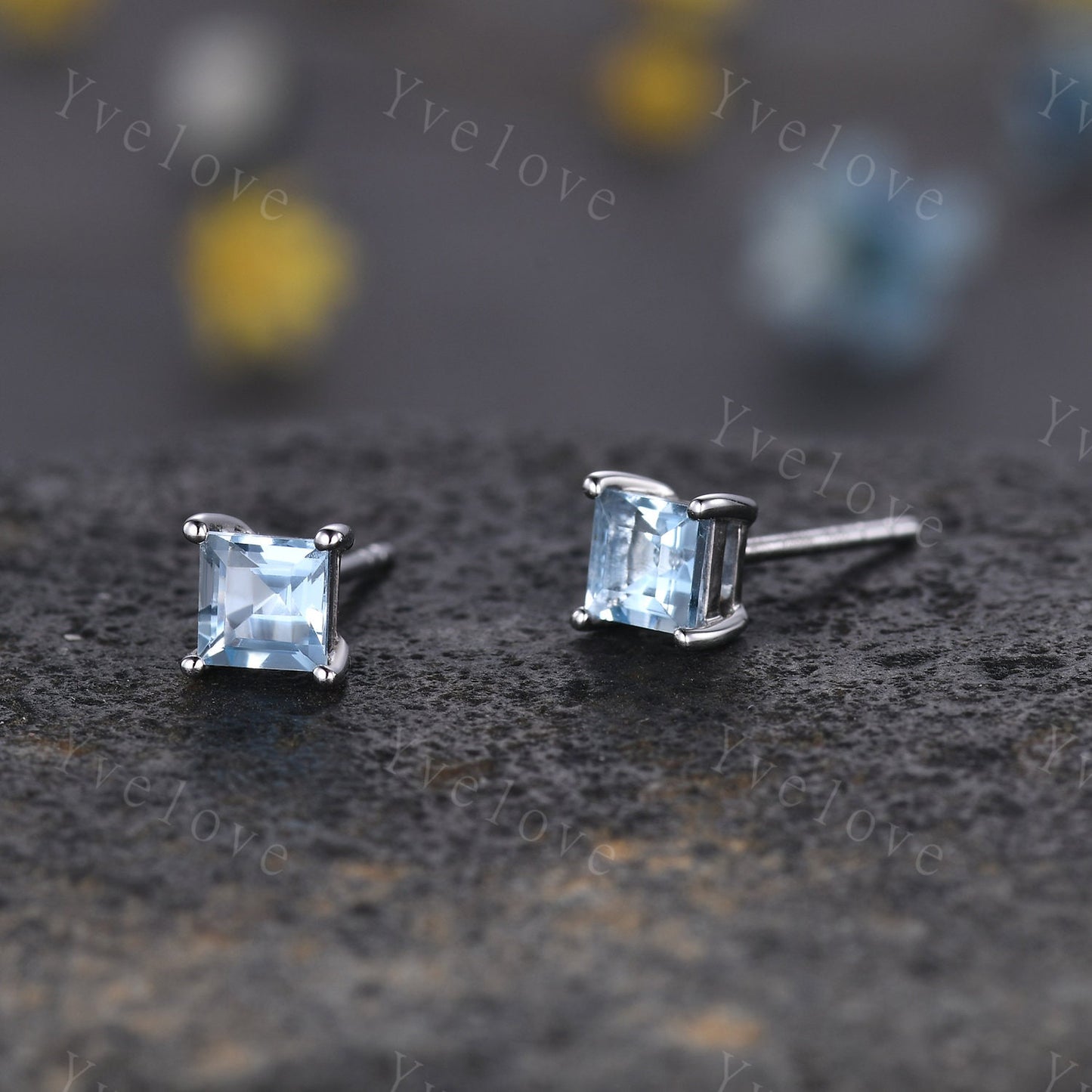 Dainty Square cut blue aquamarine earrings natural aquamarine studs art deco earrings vintage anniversary gift for her March birthstone