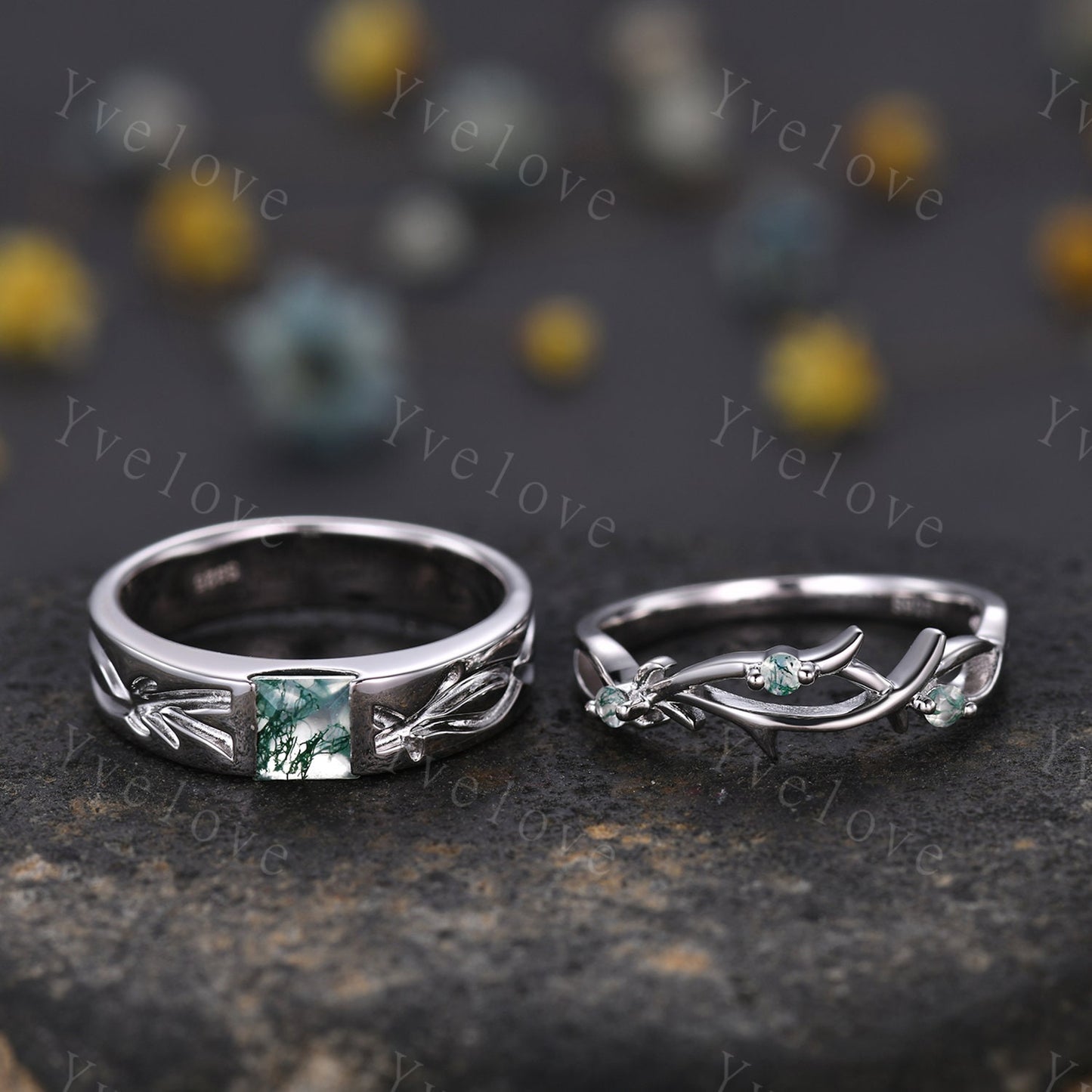 Couples ring set Moss agate ring twig ring for men and women His and Hers wedding band Promise Stacking Matching Band Retro Vintage Gift