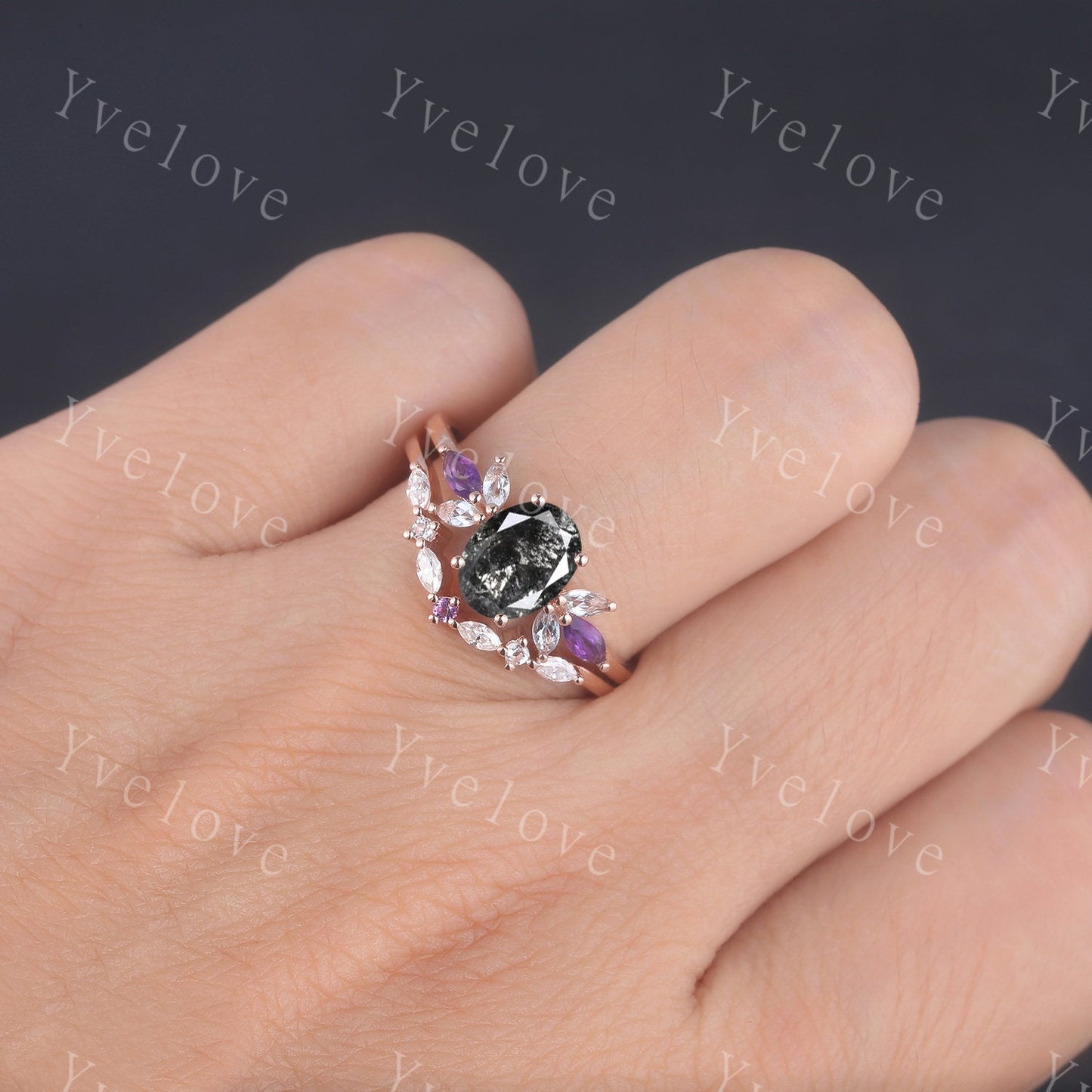 Vintage Oval Salt Pepper Diamond Engagement Ring Set Rose Gold Women Moissanite Amethyst Gem Matching Band Promise Stacking Ring Women Gift