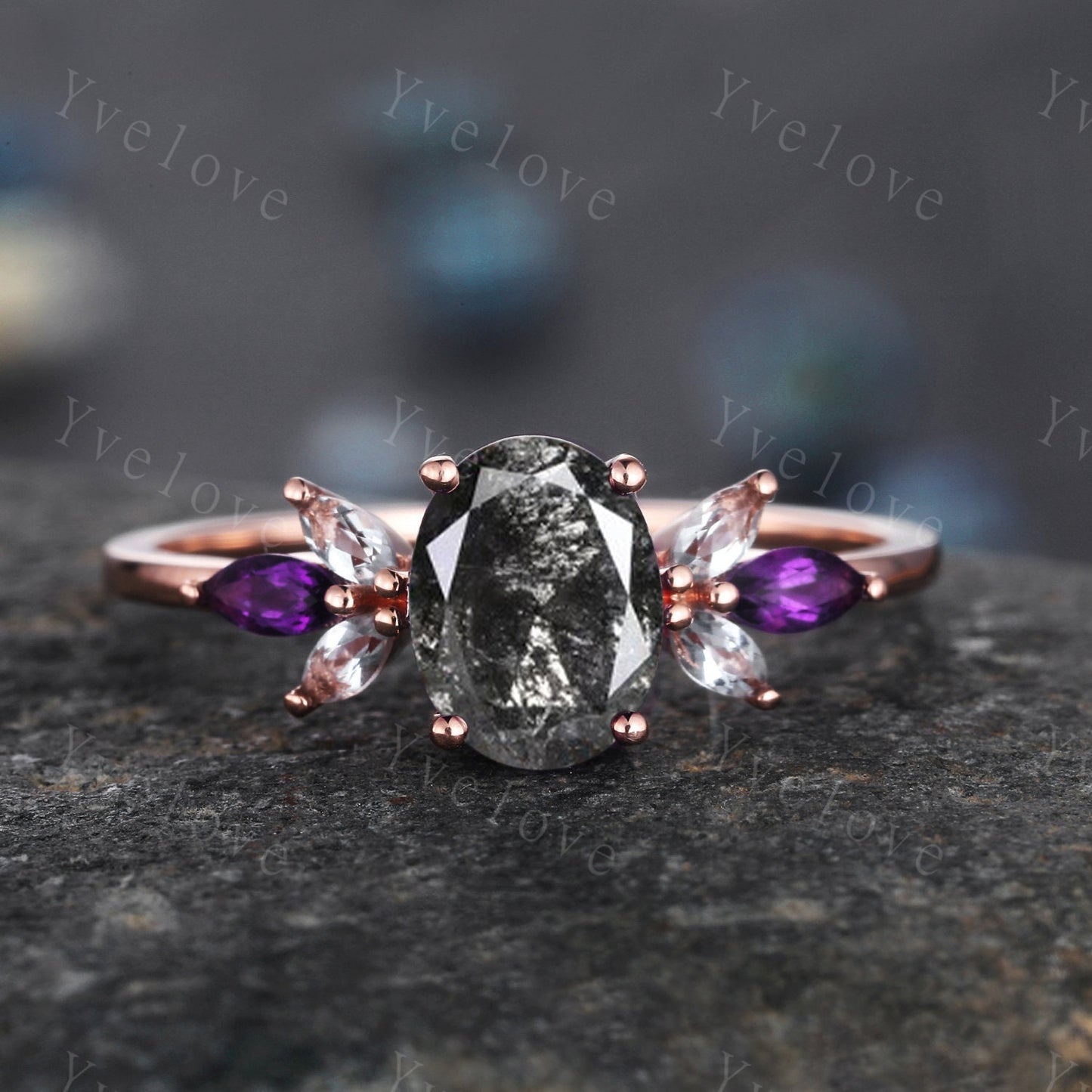 Vintage Oval Salt Pepper Diamond Engagement Ring Set Rose Gold Women Moissanite Amethyst Gem Matching Band Promise Stacking Ring Women Gift