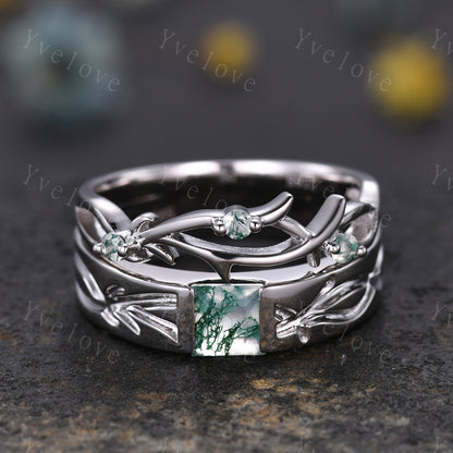 Couples ring set Moss agate ring twig ring for men and women His and Hers wedding band Promise Stacking Matching Band Retro Vintage Gift