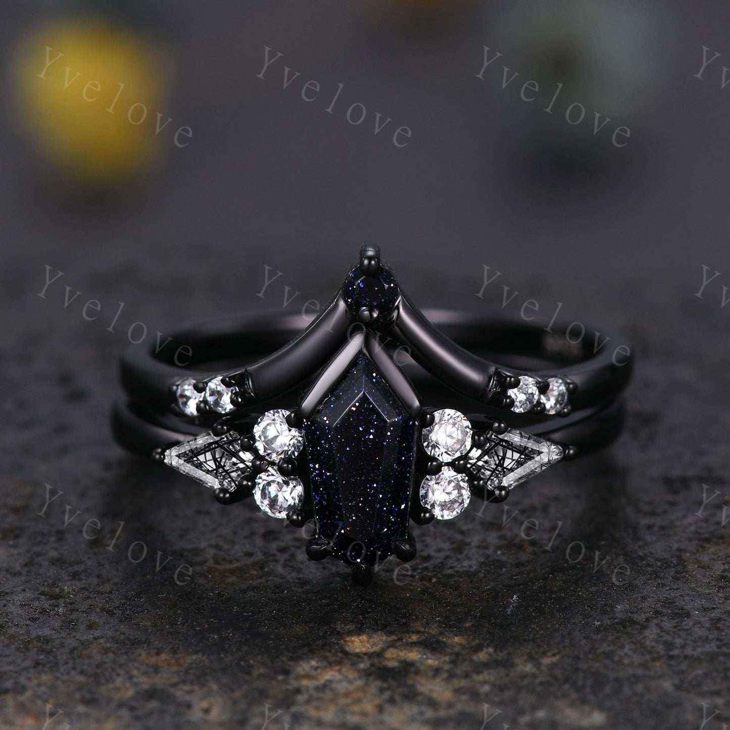 Gothic Coffin Cut Sandstone Engagement Ring Set,Unique Nebula Ring,Kite Black Rutilated Quartz,Black Gold Galaxy Diamond Anniversary Gift