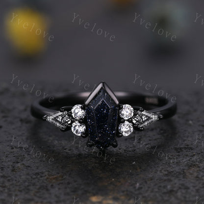 Gothic Coffin Cut Sandstone Engagement Ring Set,Unique Nebula Ring,Kite Black Rutilated Quartz,Black Gold Galaxy Diamond Anniversary Gift