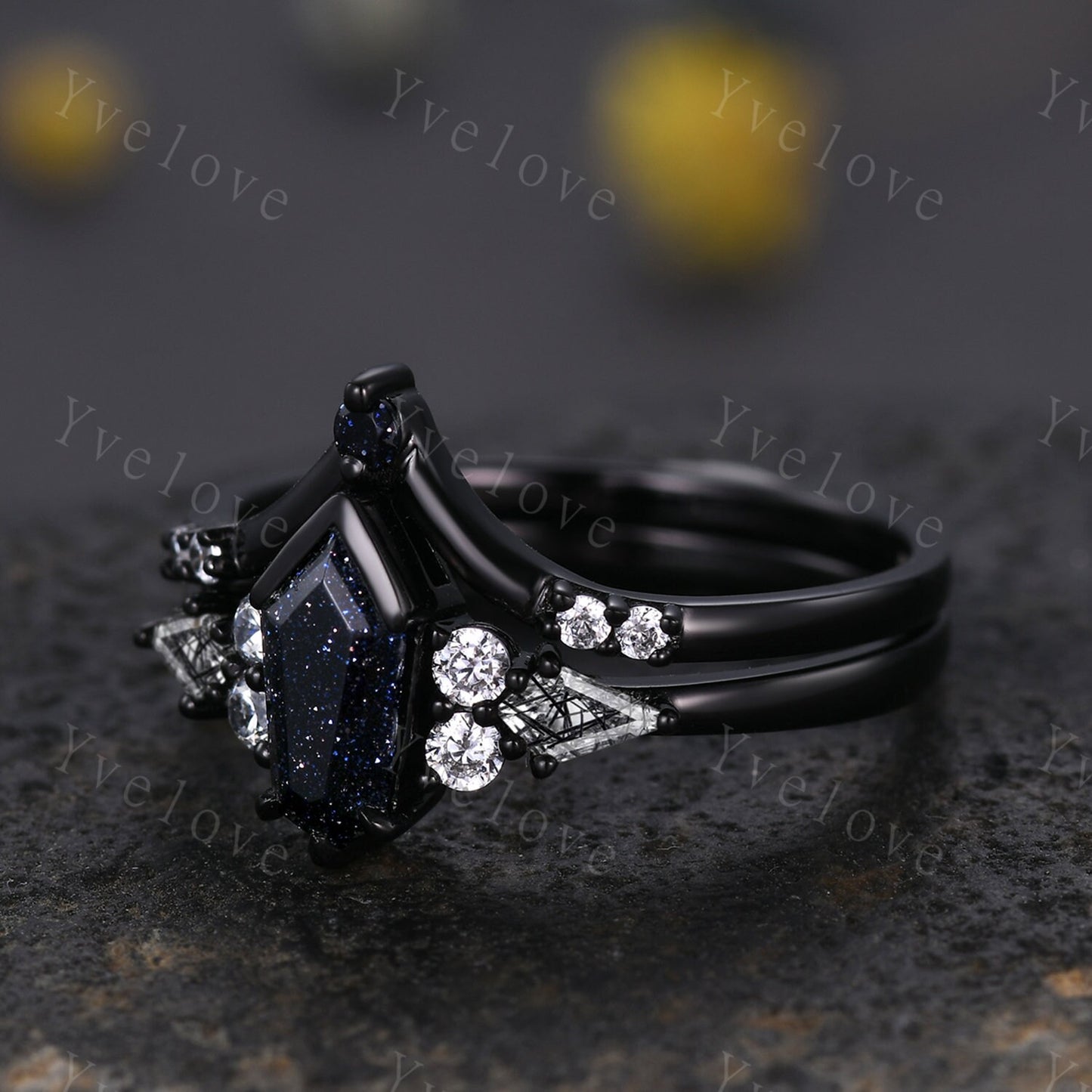 Gothic Coffin Cut Sandstone Engagement Ring Set,Unique Nebula Ring,Kite Black Rutilated Quartz,Black Gold Galaxy Diamond Anniversary Gift