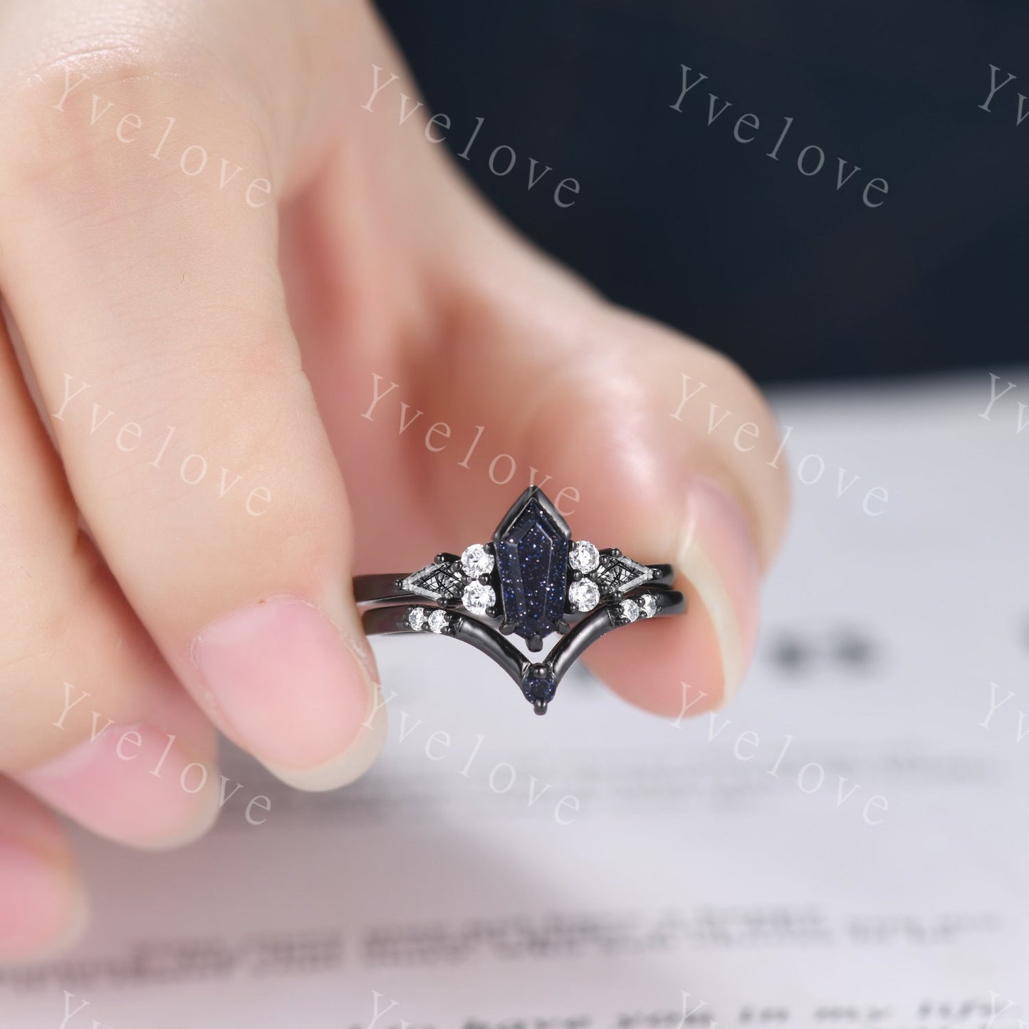 Gothic Coffin Cut Sandstone Engagement Ring Set,Unique Nebula Ring,Kite Black Rutilated Quartz,Black Gold Galaxy Diamond Anniversary Gift